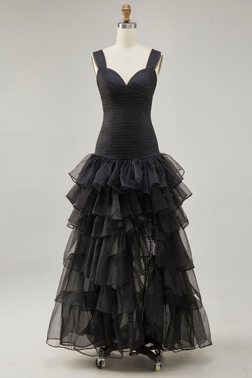 Black Ruffled A Line Organza High-Low Formal Dress